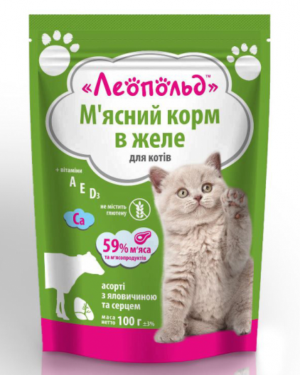Консерва для котів Леопольд Асорті з яловичиною та сердцем (0,1р) - 1