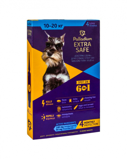 Краплі на холку Palladium EХTRA SAFE для собак 10-20 кг (4 піпетки х 2 мл) - 1